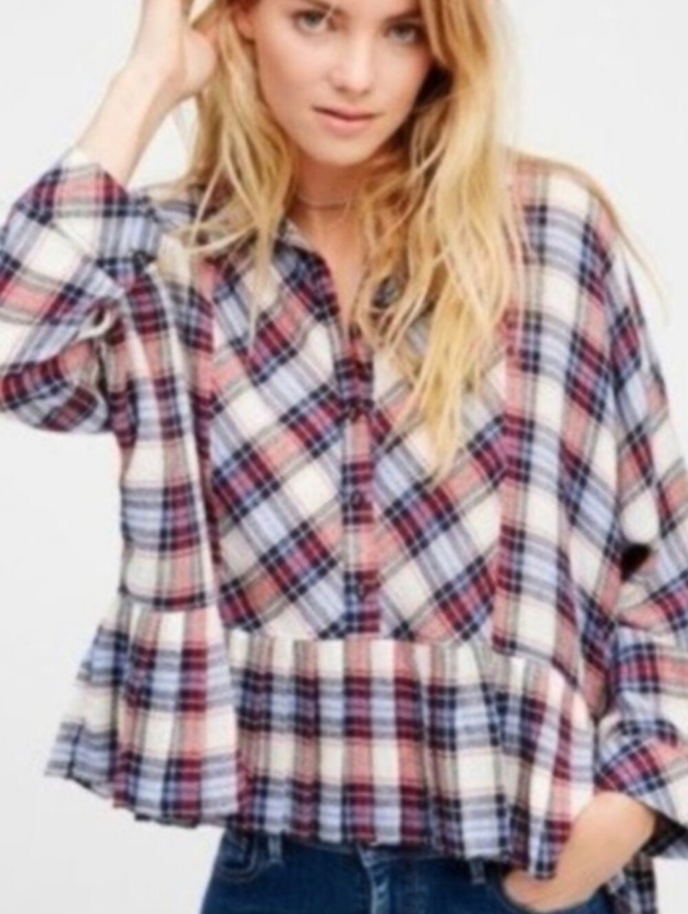 Free People Promise Anything Plaid Flannel Crop Ruffle Babydoll Shirt Top XS/S/M - Picture 1 of 13